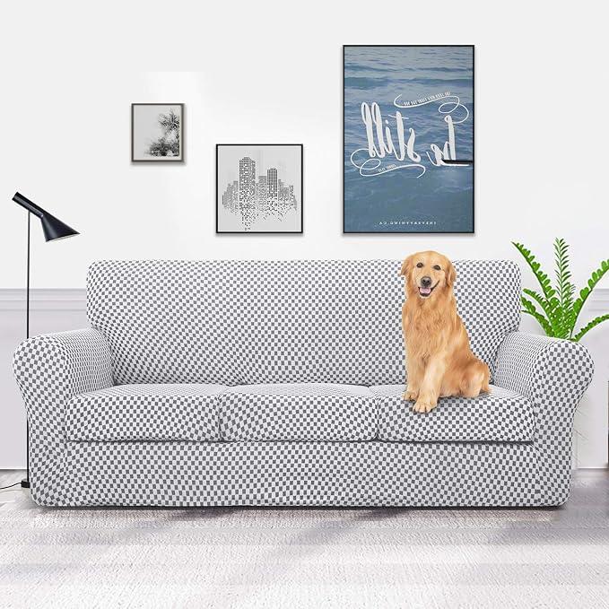 YEMYHOM Latest Checkered 4 Pieces Couch Covers for 3 Cushion Couch High Stretch Thickened Sofa Cover for Dogs Pets Living Room Elastic Slipcovers (Black and White Checkered), 71"-91"(3 Cushions) - Image 2