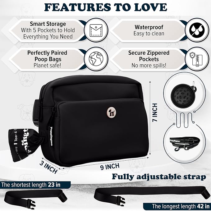 Puppington 3-in-1 Crossbody Dog Treat Pouch for Pet Training - Compostable Poop Bags, Built-In Poop Bag Dispenser, Slow-Feeding Travel Dog Bowl & Reflective Leash - Dog Walking Bag (Onyx Black) - Image 6