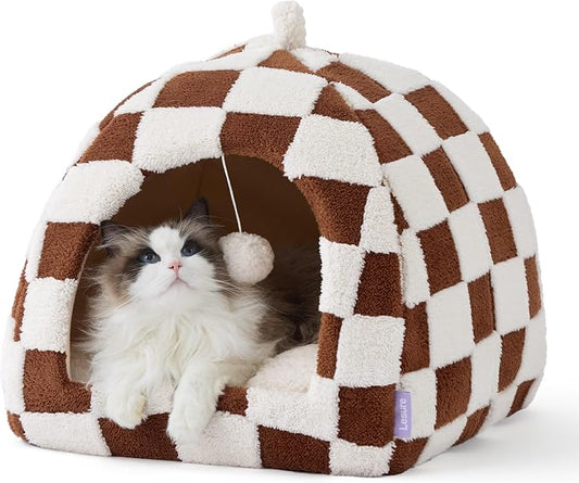 Lesure 2in1 Cute Cat House for Kitten with Washable Cushioned Pillow,17.3in | Cat Beds for Indoor Cats,Small Pet Cave Tent,Cozy Enclosed Foldable Hideaway,Fluffy Ball,Anti Slip Bottom,Hand Strap,Brown by Lesure