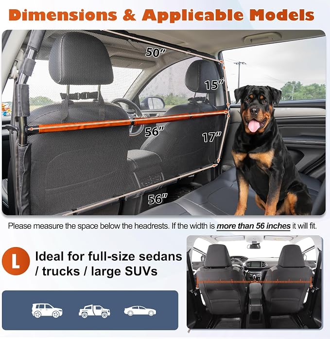 Dog Barrier Car SUV 56" Wide Gate Divider for Seats & Cargo Area | Sturdy Escape-proof See Through Net Mesh Pet Car Barrier Foldable Gate Divider for Trucks, Large SUV & Full Sized Vehicles - Image 3