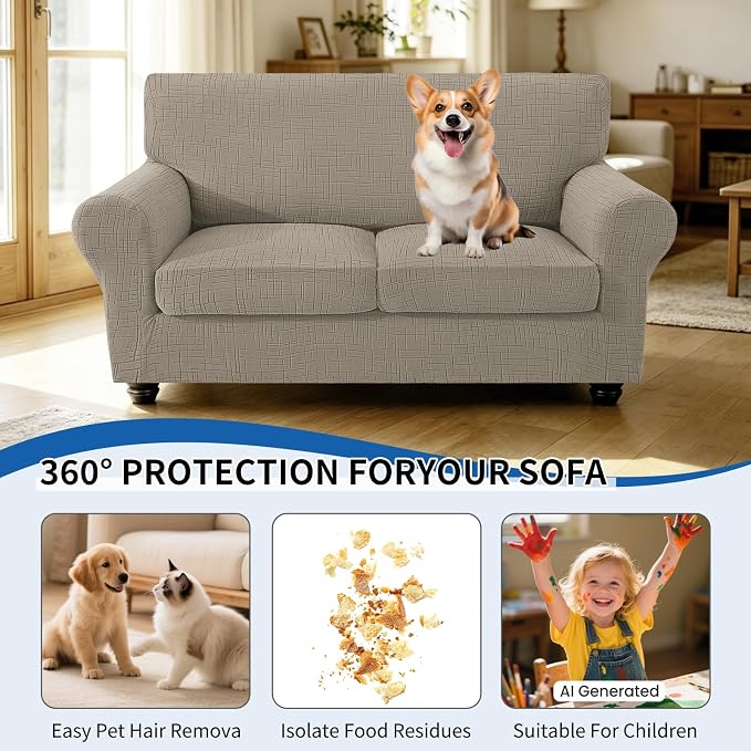 CYCMCAO 3 Piece Stretch Sofa Cover Couch Covers for 2 Cushion Couch, Non Slip Loveseat Covers, Sofa Covers Washable with Elastic Bottom for Kids, Dogs (Khaki), 55"-69" (2 Cushion Loveseat) - Image 5