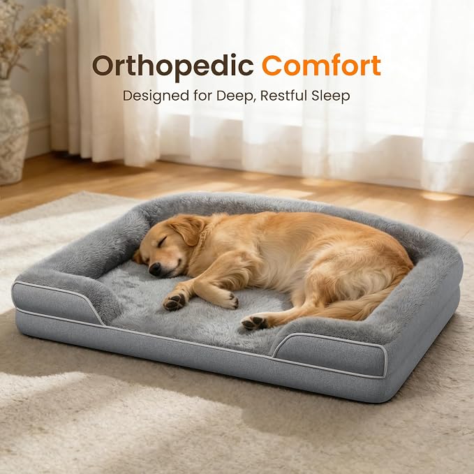 Orthopedic Dog Bed for Extra Large Dogs, 45"x30" XL Dog Couch Bed | Egg Crate Foam for Pressure Relief, Cozy Bolster Sofa Design, Waterproof Removable Washable Cover, Non Slip Bottom Light Grey - Image 3