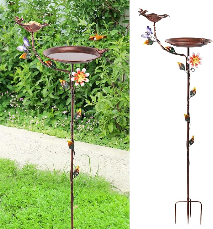 MUMTOP Bird Bath and Feeder for Outdoors, 53in Height Metal Birdbath Copper | Antique Garden Bird Feeder and Bath with Stable Metal Stake for Outside Yard Lawn Decor, Metal Garden Bird Water Station - Image 7