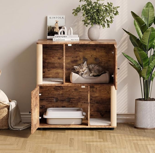 Litter Box Cabinet, Hidden Cat Litter Box Furniture with Dual Compartments, Odor Control & Scratch-Resistant Panels, Compact Enclosure for Multiple Cats, White Black Grey by Doppeltcharms