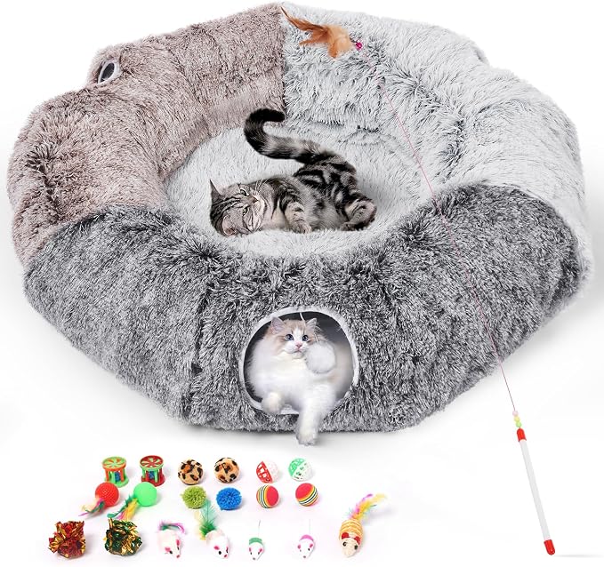 Large Cats Tunnels for Indoor Cats Fluffy Warm Cat Bed and Detachable Cave Tunnels with 20 Pet Toys, Donut Tunnel and Variety Kitten Toy Set for Playing by Odoland