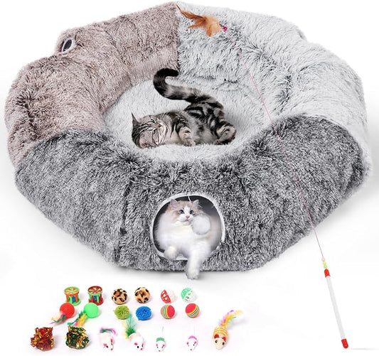 Large Cats Tunnels for Indoor Cats Fluffy Warm Cat Bed and Detachable Cave Tunnels with 20 Pet Toys, Donut Tunnel and Variety Kitten Toy Set for Playing by Odoland