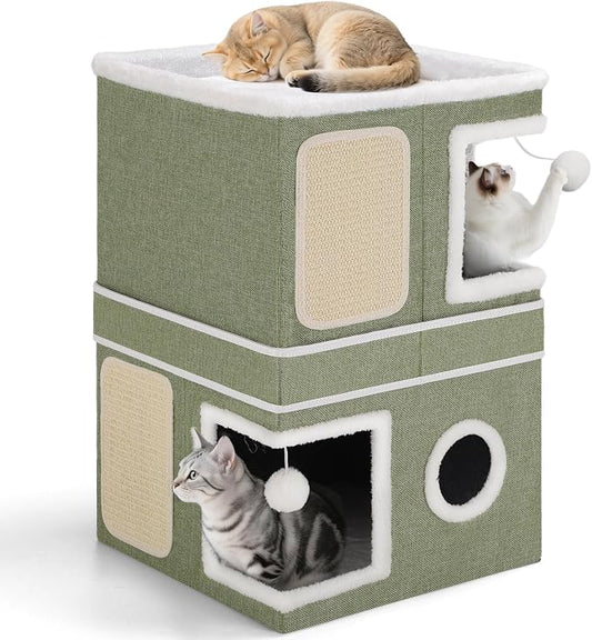Shikha 2 Story Cat House beds for Indoor Cats with Scratch Pads Green | 2 in 1 Dual Use Double Cat Bed Cave for Multiple Pets Kitten, Elevated Perch for a Wide View, All Season Reversible Cushion by Shikha