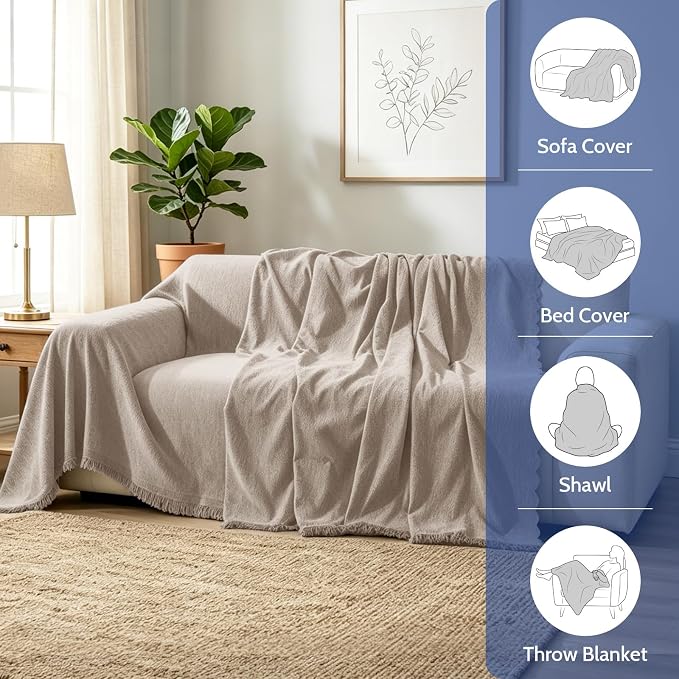 Chenille Couch Cover for Dogs, Boho Sofa Cover Washable Couch Cover, 3 Cushion Sofa Cover, Pet Throw Blankets for Couches with Tassel Furniture Protector Covers,71"×134",Khaki - Image 7
