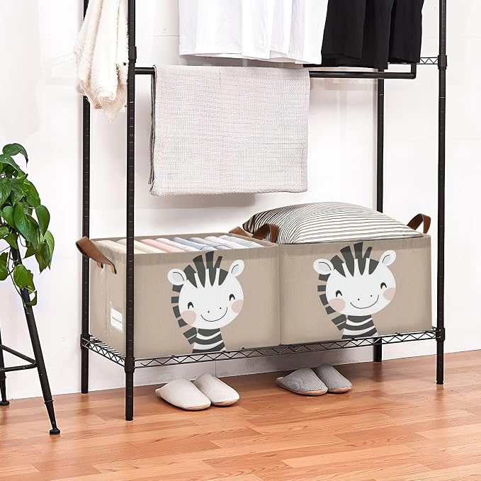 Cute Happy Zebra Brown Animal Storage Basket for Baby with Handles&Label Rectangular Waterproof Nursery Storage Bins Collapsible Organizer Baskets for Kids Cloth Gift Toys Laundry Shelf, 2 PC - Image 2