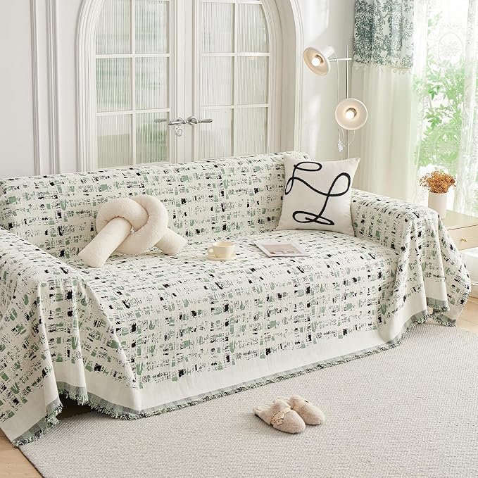 DREAMINGO Abstract Chenille Couch Cover Blanket Beige Green Black Boho Sofa Cover, Washable Furniture Protector, Universal Slipcover for Couch, Geometric Brushstroke Jacquard, XX-Large 71"x150" by DREAMINGO