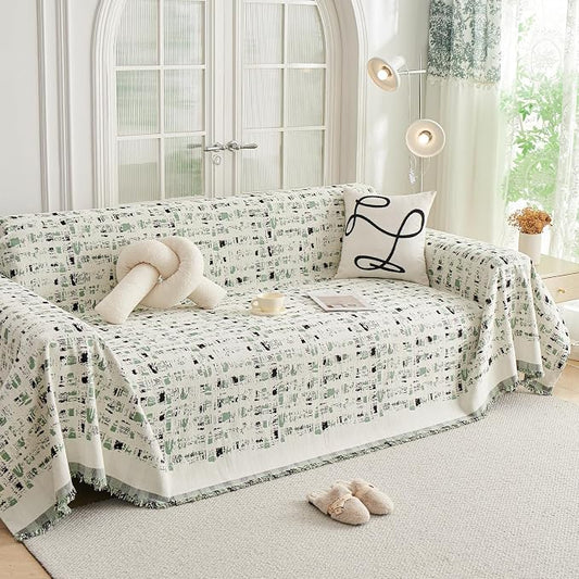 DREAMINGO Abstract Chenille Couch Cover Blanket Beige Green Black Boho Sofa Cover, Washable Furniture Protector, Universal Slipcover for Couch, Geometric Brushstroke Jacquard, Large 71"x118" by DREAMINGO