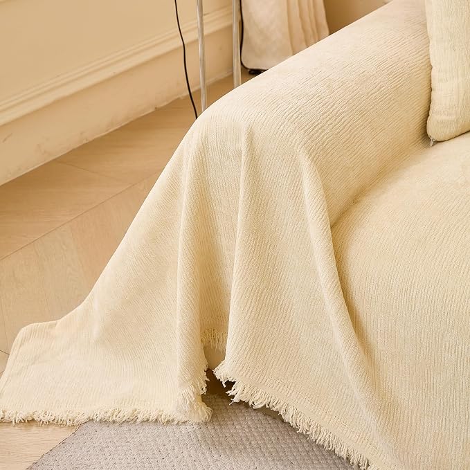 Beige Chenille Couch Cover for Dogs, 1 Piece Sofa Cover with Tassels | Suitable for 2-3 Seater Sofas, Non Slip Washable Sofa Slipcover for Sectional, L-shaped Sofas, Pet Friendly, 71"x134" - Image 7