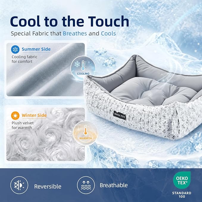 Mora Pets Reversible Cat Bed for Indoor Cats and Small Dogs Washable - Cool & Warm 2-in-1 Anti Anxiety Calming Pet Bed for Summer, Rectangle Puppy Bed with Fluffy Grey Rose (20″x19″x6″) - Image 3