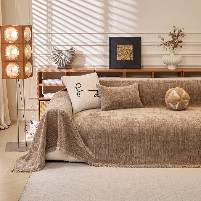 Solid Brown Chenille Sofa Cover for 3-4 Cushion Couch, Tassel Design | Boho Chenille Couch Throw Cover for Cat Proof Multifunctional Anti-slip Furniture Protector for Pets,Sofas, XX-Large by REYOSGetCozyLife