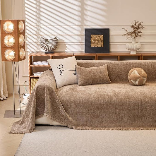 Brown Couch Cover for 2-3 Seater Sofas Solid Chenille Sofa Cover | Versatile Pet Sofa Slipcover for Blankets, Furniture Protector, Dog Couch Covers, Scratch Proof, Bottom Tassel, X-Large by REYOSGetCozyLife