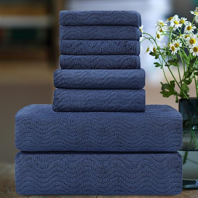 Smuge Ultra Soft 8 Piece Textured Bath Towel Set for Bathroom Shower Pool, Kitchen, Quick Dry, Lightweight Highly Absorbent - 2 Oversized Bath Towel Sheets, 2 Hand Towels, 4 Washcloths - Navy Blue by Smuge