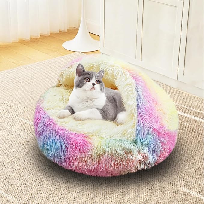 ShinHye Cat Bed Round Plush Fluffy Hooded Cat Bed Cave, Cozy for Indoor Cats or Small Dog beds, Soothing Pet Beds Doughnut Calm Anti-nxiety Dog Bed - Waterproof Bottom Washable (23×23inch, Multicolor) - Image 4