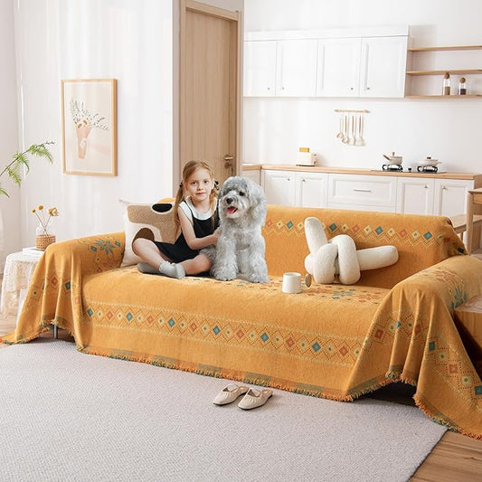 DREAMINGO Orange Boho Sofa Cover Chenille Couch Cover Blanket Vintage Bohemian Sofa Covers for 3 Cushion Couch Geometric Jacquard Sectional Couch Covers for Dogs Washable Futon Slipcover, 71"x150" by DREAMINGO