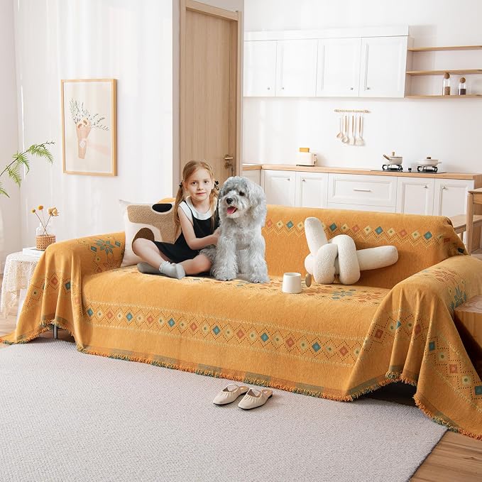 DREAMINGO Orange Boho Sofa Cover Chenille Couch Cover Blanket Vintage Bohemian Sofa Covers for 2 Cushion Couch Geometric Jacquard Sectional Couch Covers for Dogs Washable Loveseat Slipcover 71"x118" by DREAMINGO