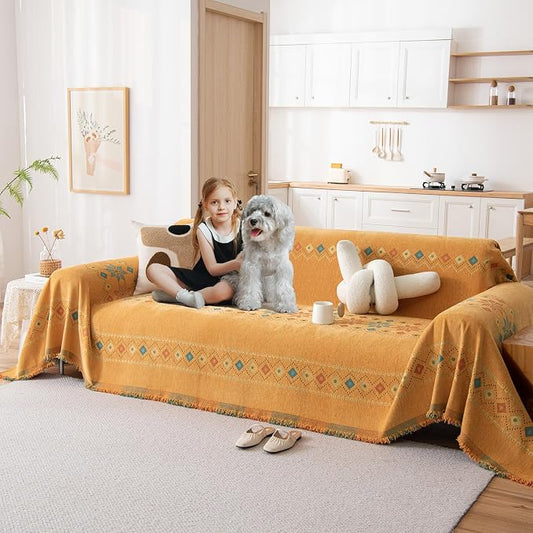 DREAMINGO Orange Boho Sofa Cover Chenille Couch Cover Blanket Vintage Bohemian Sofa Covers for 2 Cushion Couch Geometric Jacquard Sectional Couch Covers for Dogs Washable Loveseat Slipcover 71"x118" by DREAMINGO