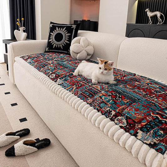 STACYPIK Vintage Abstract Geometric Pets Couch Cover for Living Room, Durable Pet-Scratch Resistant Sofa Cover for 2 Cushion Couch, Soft Plush Fluffy Couch Cushion Cover Washable Aesthetic-27.6X59.1IN by STACYPIK