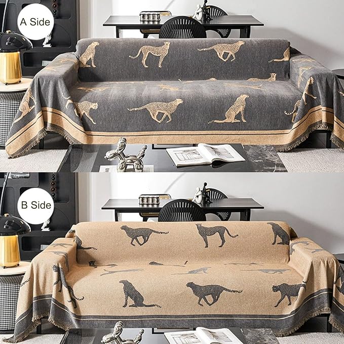Chenille Sofa Cover with Tassels, Non-Slip Couch Cover for Seat Sofas, Washable Furniture Protector for Pets & Kids, Modern Leopard Pattern Chenille Blanket (Grey, 71"x90") - Image 2