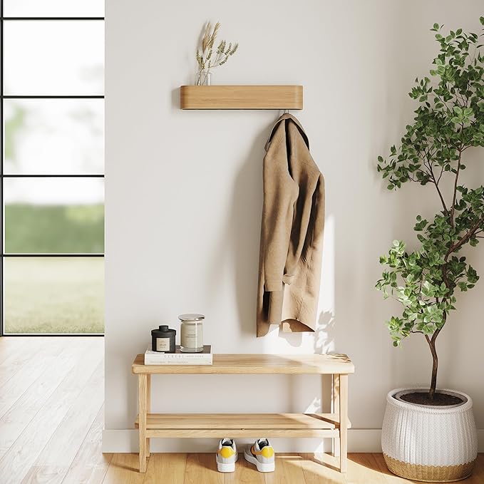 Kazai. Wall-Mounted Coat Rack 'Toke' - Modern Design Coat Rack with Hidden Wall Hooks - Solid Wood Veneer Panel Coat Hanger - Oak - Image 6