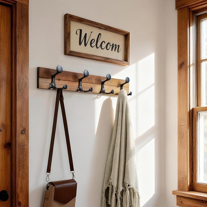 SKOLOO 24-Inch Wood Coat Rack Wall Mount with 4 Triple Hooks - Ideal for Family Entrances, Classrooms, and Pet Supplies Storage - Perfect Coat Hooks for Wall,Charred Golden Brown, Pack of 2 - Image 2