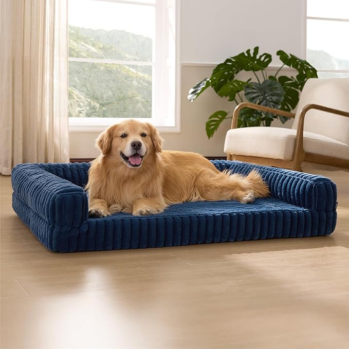 Bedsure ComfyFleece™ Orthopedic Dog Beds for Extra Large Dogs, Waterproof Memory Foam XL Pet Bed with Sides, Non-Slip and Egg-Crate Foam Big Dog Couch Sofa with Washable Corduroy Cover, Blue by Unknown