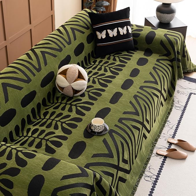 STACYPIK Black Geometric Couch Cover for Dogs Boho Dark Green Chenille Sectional Sofa Cover Non Slip Soft Tassles Couch Protector for 3 Cushion Couch Multi-Use Loveseat Throw Blanket for Pets-71X150IN - Image 8