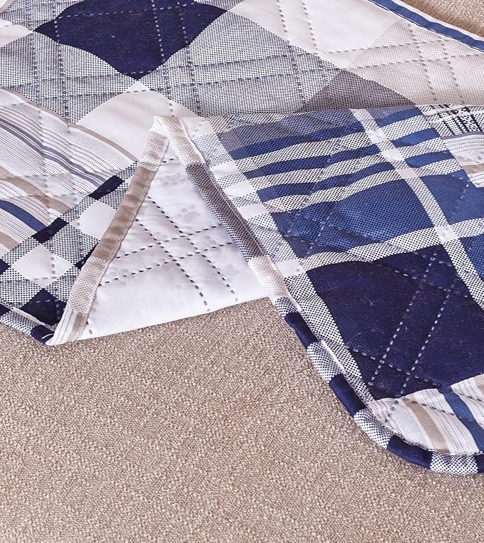 Brilliant Sunshine Blue Plaids and Stripes Patchwork Couch Cover, Quilted Large Sofa Slipcover, 70" Seat Width, Reversible Furniture Protector, 2" Strap, Washable Cover for Pets, Kids, Dogs, Cats,Blue | Non Slip Sofa Cover, Quilted Furniture Protector,... - Image 4