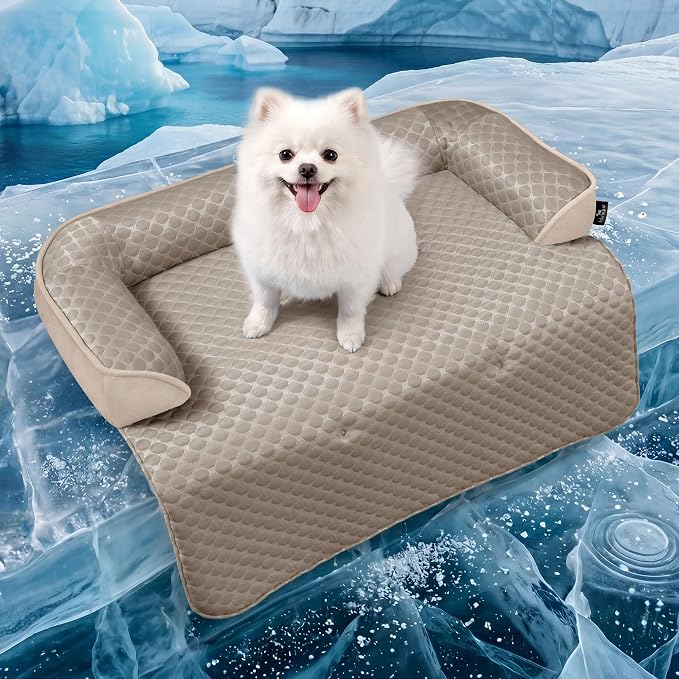 Medium Cooling Dog Bed Mat - 35 x 31 inch Waterproof Couch Cover for Dogs Washable, Non-Slip Bottom Self Cooling Mat for Dogs, Durable & Non-Gel, Dog Couch Bed for Sofa Floor Car, Taupe by blunique