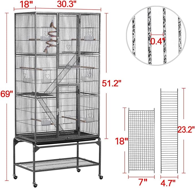 Yaheetech 69" Large Bird Cage for Parakeets, Budgies, 3-Tier Flight Cage | Detachable Rolling Stand, Easy Cleaning Slide-out Tray, Multi-door Access, 0.4'' Bar Spacing, Free Accessories - Image 3