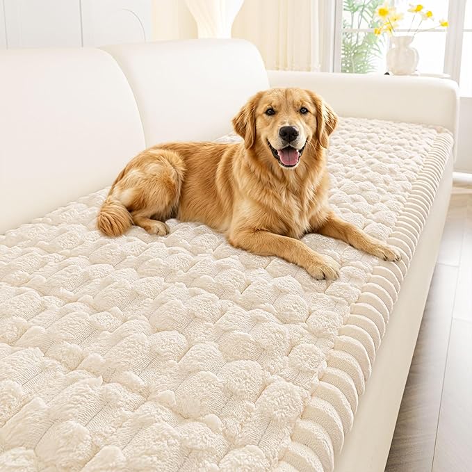 Smiry Non Slip Couch Covers for Dogs, Scratch Resistant Pet Sofa Protector | Machine Washable Soft Fuzzy Thick Furniture Cover for Sofa Loveseat Sectional Large Dogs, Cream, 27.6" x 47" by Smiry