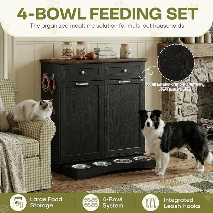 Furnaza Pet Feeding Station with 4 Bowls,Dual Doors Dog Cabinet Storage | Black 39.7"W Dual Doors Pet feeding station with storage for dogs and cats, Pet Food Storage for Kitchen, Living Room - Image 7