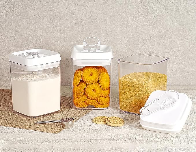 Felli Flip Tite Storage Container with Built-In Spoon & Airtight Lid 5” Large-M Ring Flip Top, Stackable Acrylic Canister for Sugar Flour Powder, Kitchen Pantry Organizer (1.8qt), 2 spoons - Image 2