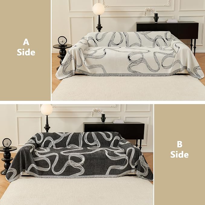 MEETSKY Boho Couch Cover Sofa Covers, Chenille Black Line Couch Covers for 2 Cushion Couch Sofa for Dogs, Washable Slipcover for Cat Sofa Protector with Tassels,71" x 118" - Image 5