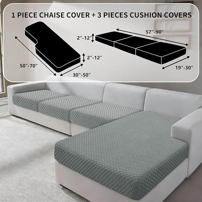 YEMYHOM Couch Cushion Covers for Sofa, Stretch Sectional Couch Seat Cushion Covers Washable Thick Furniture Protector Sofa Slipcovers for Pets (3 Seater + 1 Chaise, Light Gray) - Image 2
