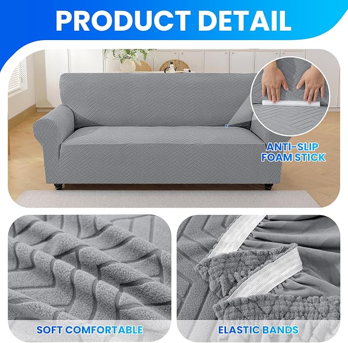 Stretch Sofa Cover Non-Slip Washable Furniture Protector | Stretch, 91"-110".Soft, Non Skid Foam, Elastic Bottom, Machine Washable, for Kids & Pets, Couch & Sofa, Light Gray - Image 5