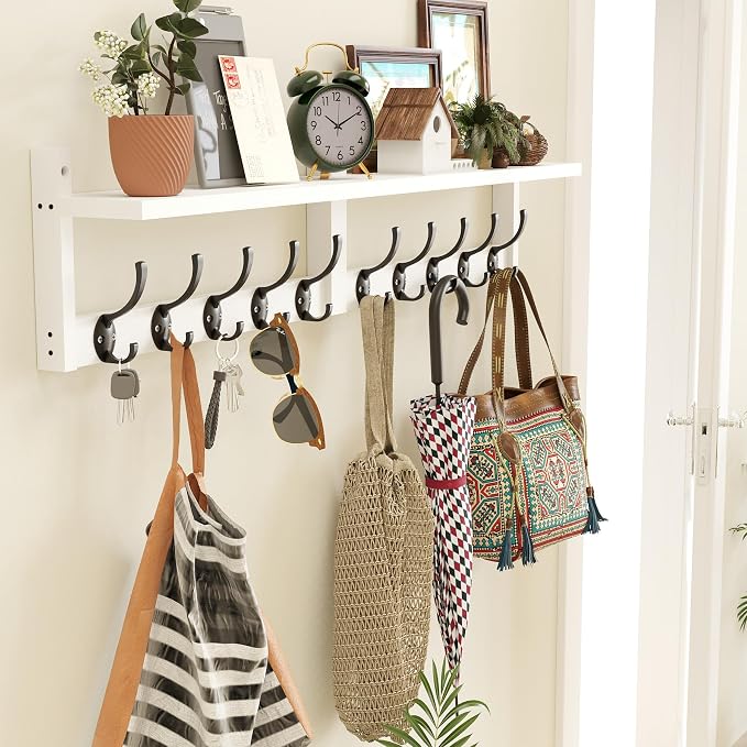 AMBIRD 34.2" L Wooden Wall Coat Hooks with Shelf - Versatile and Decorative Wall-Mounted Storage - 10 Hooks for Hanging Coats, Hats, Keys, Bags, Scarves - Ideal for Entryways, Bedrooms, Closets(White) - Image 2