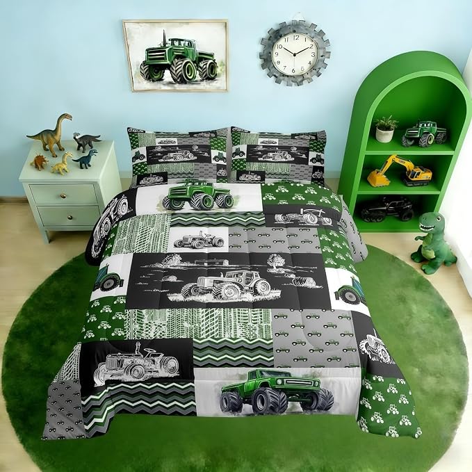 Equipment Trucks Comforter Set Queen, Tractor Down Comforter, Green Vehicle Duvet Set for Child Kids Child Boys Teens Construction Excavator Construction Site Car Quilt Set for Bedroom Decor Gift by Erosebridal