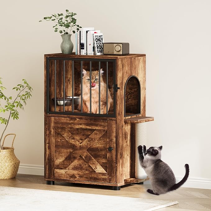 Dog Proof Cat Feeding Station, Dog Proof Cat Feeder, Cat Food Table,Vintage | Cat Feeding Station with Scratching Post, Elevated Food Bowls with Stand, Cat Tree with Food Storage, Cat House - Image 2