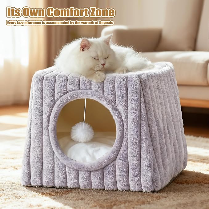 Indoor Cat House - Large Cat Cave Bed with Fluffy Balls, Foldable Cat Bed Cave and Apartment with Pads, Suitable for Multiple Small and Large Cats, 15.74x15.74x13.38 inches(Grey, Large) - Image 6