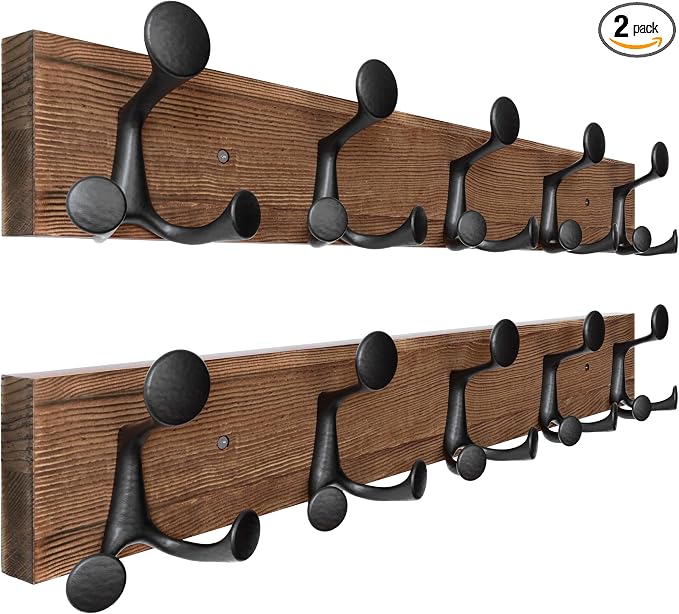 SKOLOO 24-Inch Wood Coat Rack Wall Mount with 5 Triple Hooks - Ideal for Family Entrances, Classrooms, and Pet Supplies Storage - Perfect Coat Hooks for Wall,Charred Golden Brown, Pack of 2 by SKOLOO