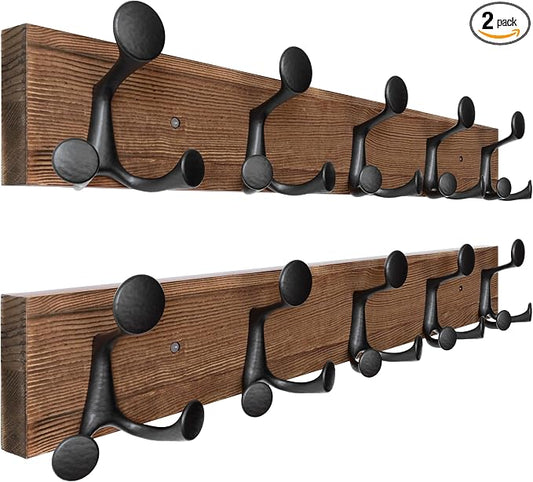 SKOLOO 24-Inch Wood Coat Rack Wall Mount with 5 Triple Hooks - Ideal for Family Entrances, Classrooms, and Pet Supplies Storage - Perfect Coat Hooks for Wall,Charred Golden Brown, Pack of 2 by SKOLOO