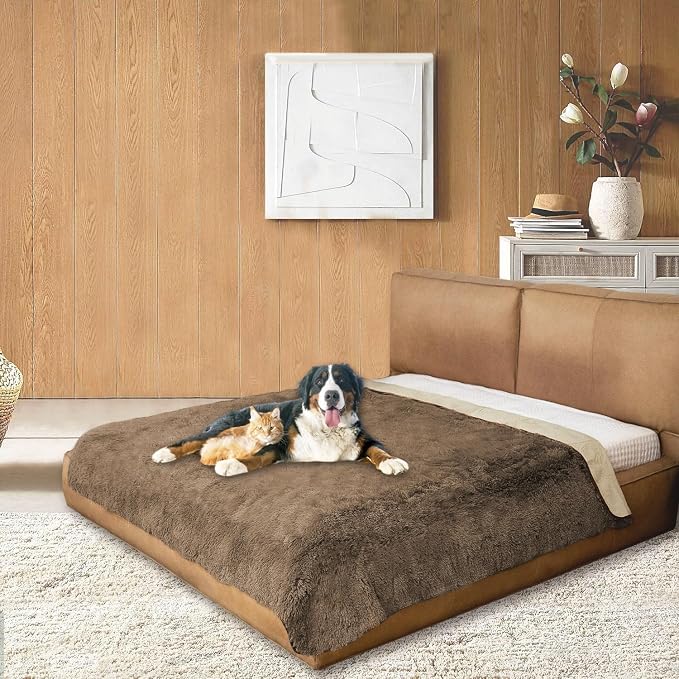 Dogs/Cats Bed Mats, Dog Pad Washable Removable Couch Cover with Anti-Slip Back, Plush Long Fur Mat, Perfect for Small, Medium and Large Dogs.(Brown, 82"x102") by SNUGGLESINTO