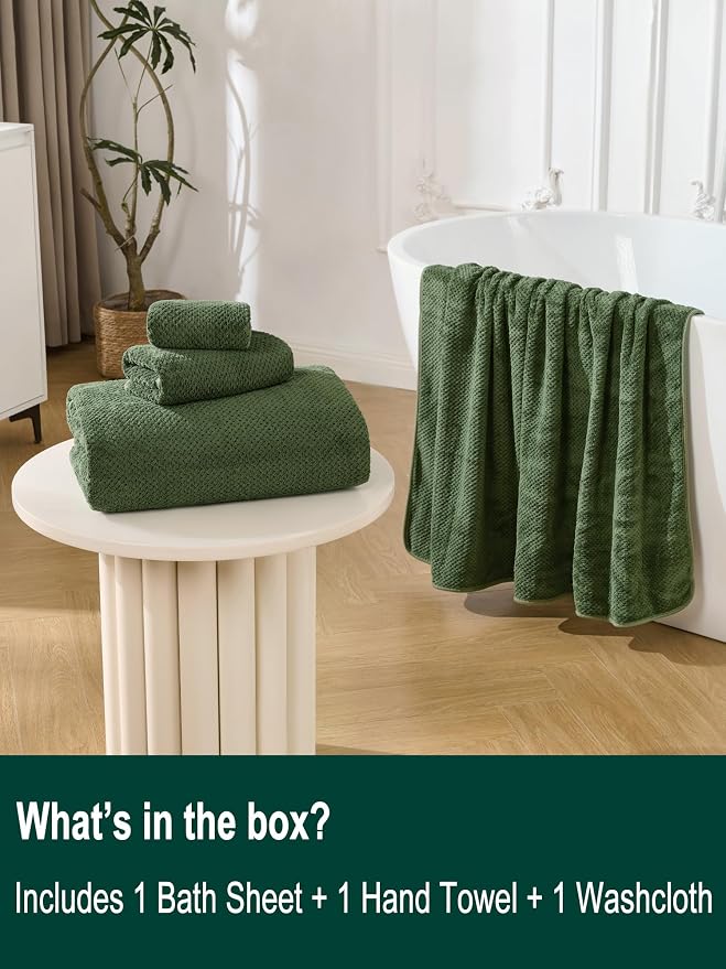 Extra Large Bath Sheet Set 3-Piece, 1 Bath Towel 40x80 Inches, 1 Hand Towel, 1 Washcloth, Soft Absorbent Quick Dry Microfiber Towel for Bathroom Beach Pool Gym Spa, Olive Green - Image 3