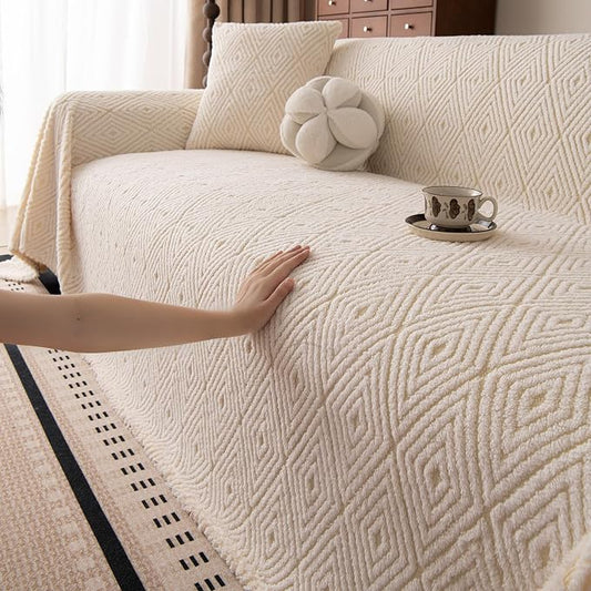 ROOMLIFE Striped Boho White Couch Cover for 2-3 Cushion Sofa, Fuzzy Plush Warm Sofa Slipcovers Sectional Sofas Covers, Non Slip Washable Furniture Protector Soft with Tassel,Winter 71''X134” by ROOMLIFE