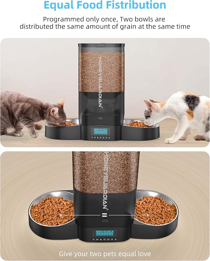 HoneyGuaridan 5L Automatic Cat Feeder for Two Cats, Cat Food Dispenser with Stainless Steel Bowl,Timed Feeder Programmable 1-6 Meals Control, Dual Power Supply,Desiccant Bag Black - Image 4