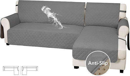 Easy-Going Waterproof Sectional Couch Covers with Chaise 2-Piece Non Slip L Shape Sofa Cover for Dogs Leakproof Furniture Protector Cover with Adjustable Strap for Pets (Large, Gray) by Easy-Going